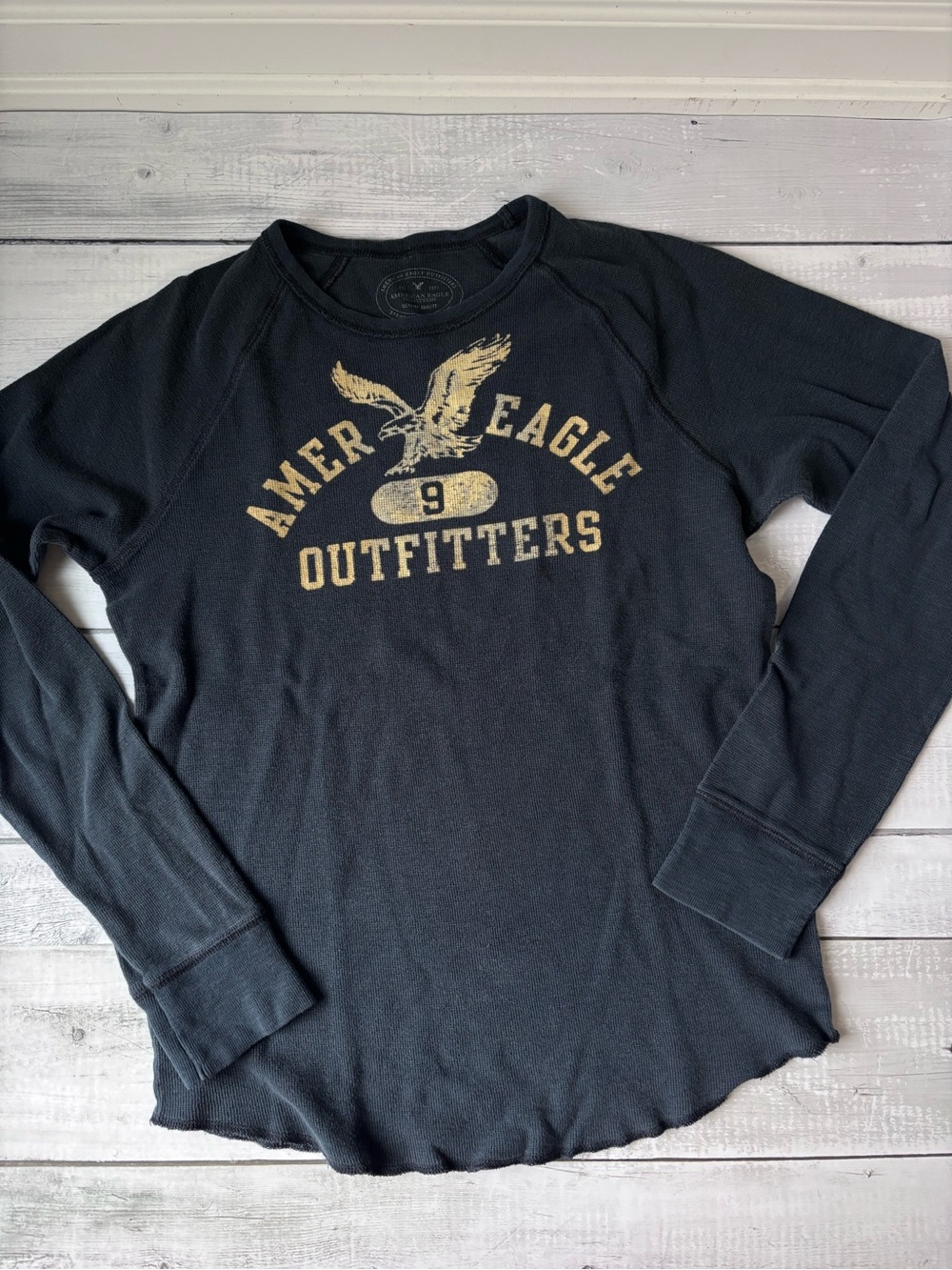 American Eagle Outfitters Long-Sleeve Thermal Crewneck with Classic Logo